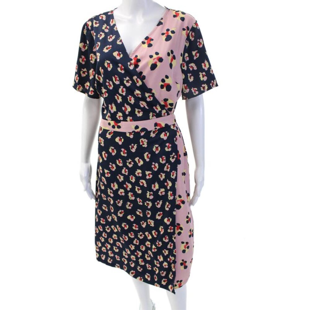 BCBGeneration Womens Wrap Dress Dark Blue Floral Vneck Short Sleeve Size S